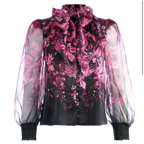 NEW! Alice + olivia BRENTLEY TIE NECK BLOUSON SLEEVE BLOUSE - Picture 2 of 13